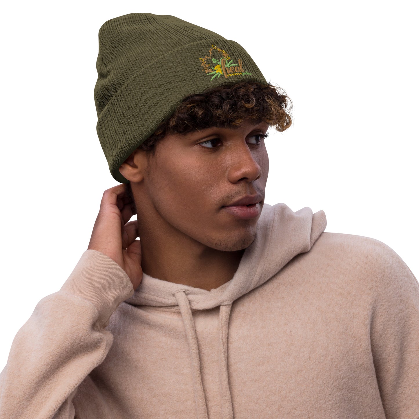 Recycled ribbed knit beanie: HTG Logo